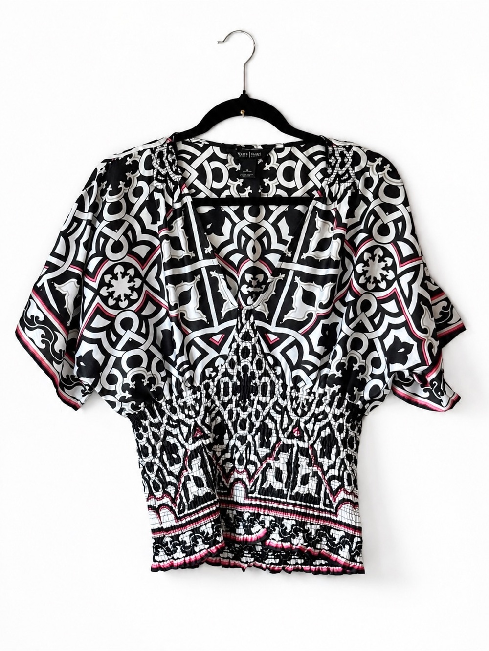 White House Black Market Smocked Blouse Small Black White Pink Geometric Print